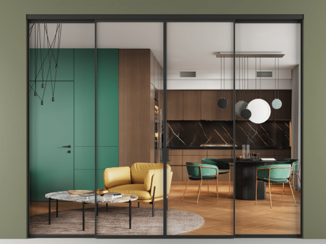 Перегородка Formato внутри проёма четырёхстворчатая АЛПР 040.01 Алюминий Черный Прозрачное стекло "Crystal Vision", калёное, 6 мм Цена 371600 ₽  | Volhovec