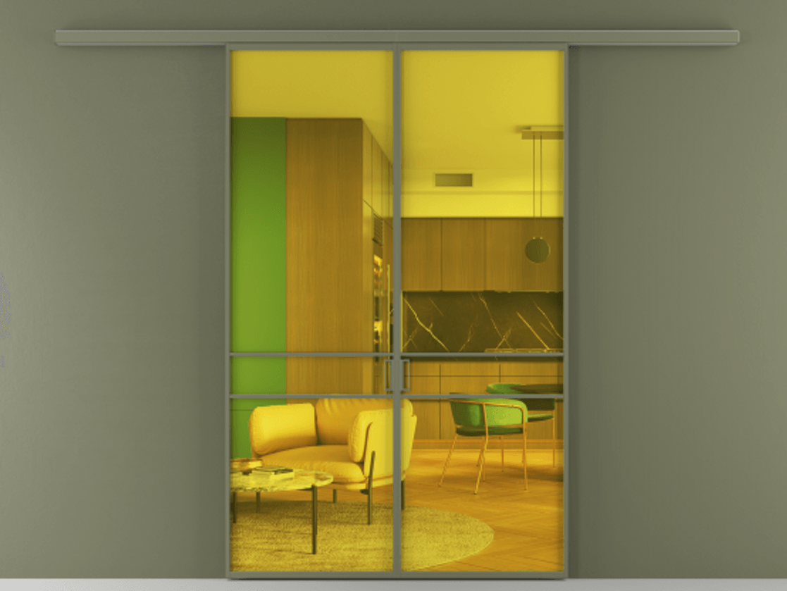 Перегородка Formato вдоль стены двустворчатая АЛПР 040.02 Алюминий оливковый тёмный Прозрачное жёлтое стекло, триплекс Цена 202960 ₽ | Volhovec