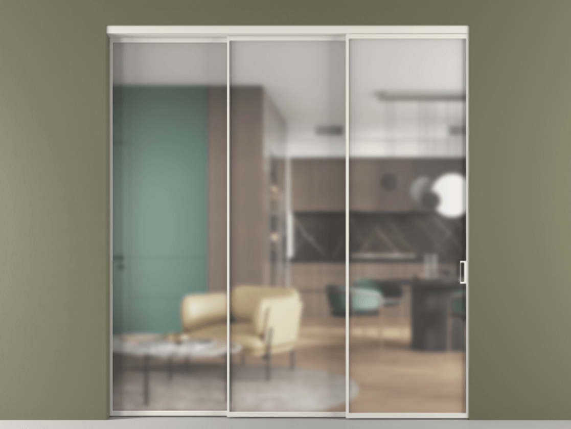 Перегородка Формато внутри проёма 3 створки с синхронным механизмом АЛПР 040.01 Алюминий Белый Сатинированное стекло "Мателюкс Кристал Вижн", калёное, матовое, каленое 6 мм Цена 379900 ₽  | Volhovec