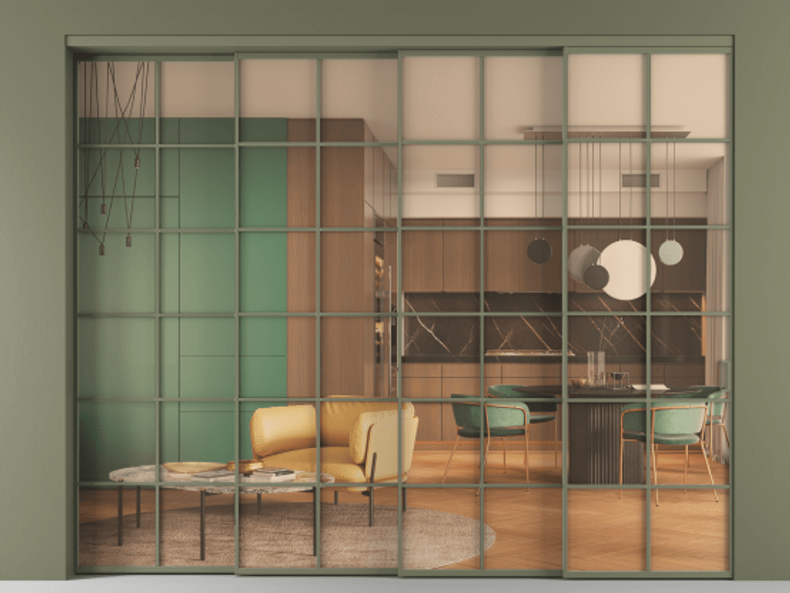 Перегородка Formato внутри проёма 4 створки с синхронным механизмом АЛПР 040.05 Алюминий оливковый тёмный Прозрачное оранжевое стекло, триплекс Цена 488680 ₽ | Volhovec