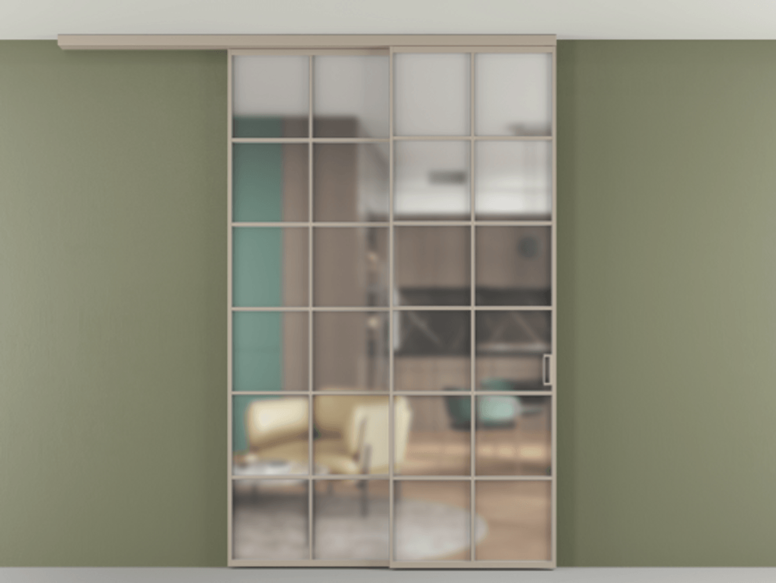 Перегородка Formato вдоль стены на потолок 2 створки с синхронным механизмом АЛПР 040.05 Алюминий бисквитный Сатинированное стекло "Matelux Crystal Vision", калёное, матовое, каленое 6 мм Цена 344180 ₽ | Volhovec