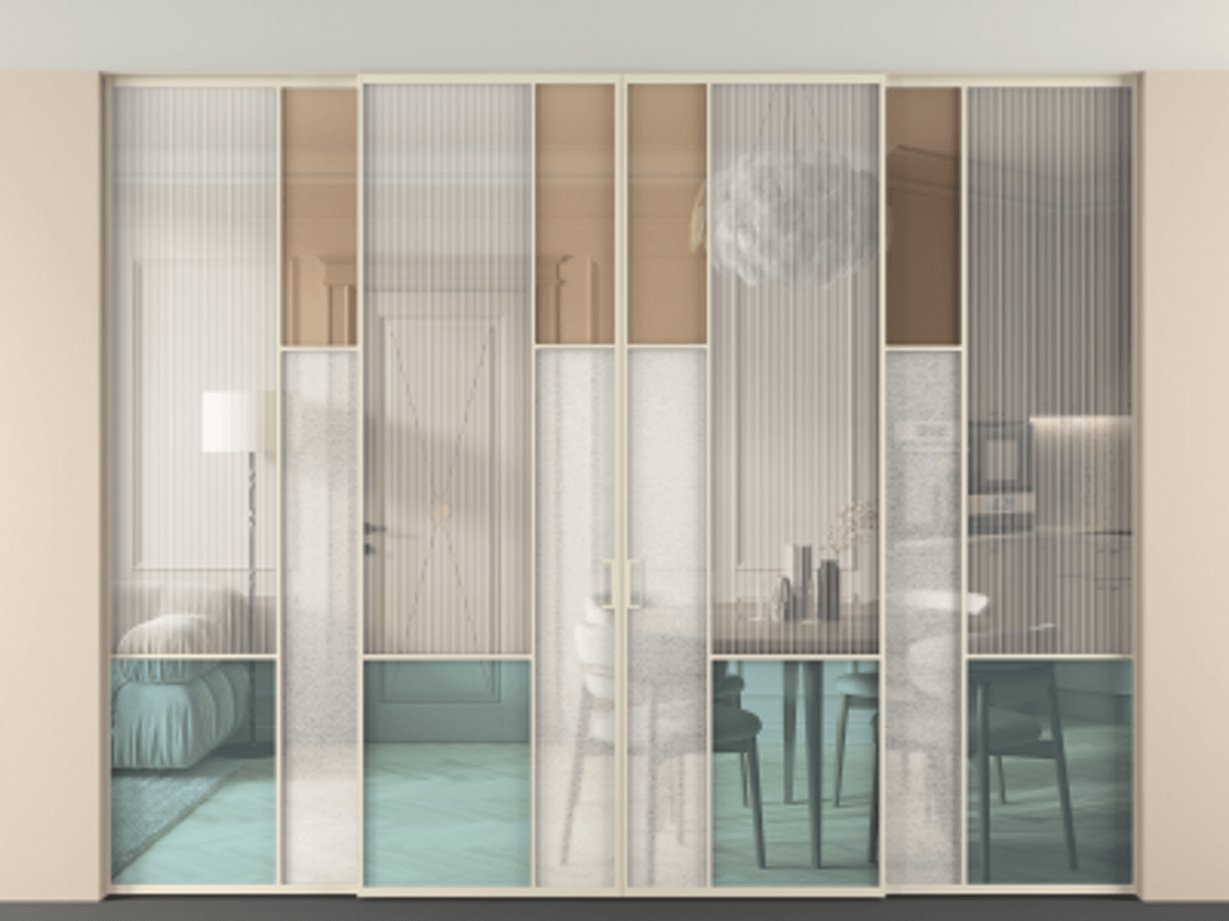 Перегородка Mosaic внутри проёма скрытое крепление в потолок 4 створки АЛПР 041.13 Алюминий бежево-серый Комбинация стекол Группы 1 и Группы 3 Цена 617260 ₽ | Volhovec