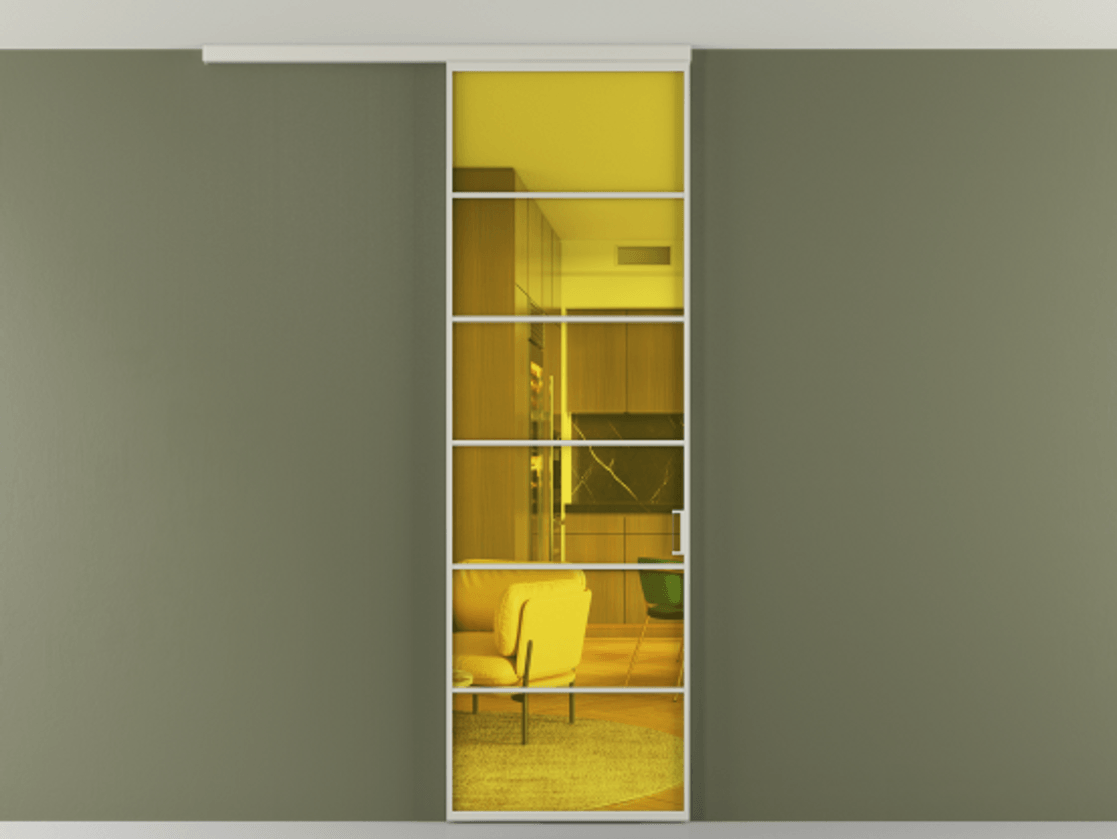 Перегородка Formato вдоль стены на потолок 1 створка АЛПР 040.04 Алюминий тёплый серый Прозрачное жёлтое стекло, триплекс Цена 126090 ₽ | Volhovec