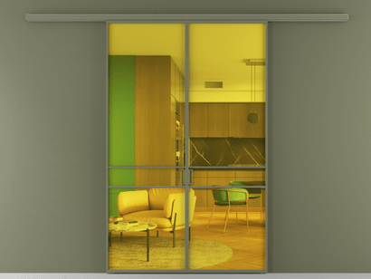 Алюминевая перегородка АЛПР 040.02_АОТ_ПРОЗ ЖЕЛ_new. Цвет Алюминий оливковый тёмный. Материал Алюминий в эмали. Коллекция Перегородка Formato вдоль стены двустворчатая. Картинка.