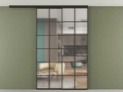 Алюминевая перегородка АЛПР 040.05_ААН_Matelux Crystalvision_new. Цвет Алюминий антрацит. Материал Алюминий в эмали. Коллекция Перегородка Formato вдоль стены на потолок телескопик синхро 2. Картинка.