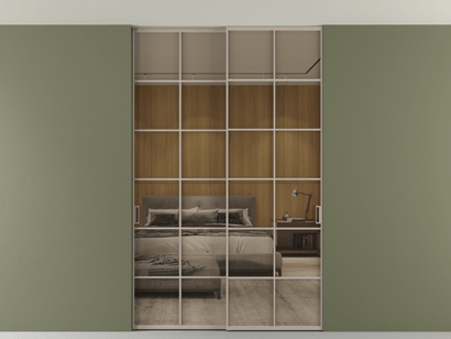 Алюминевая перегородка АЛПР 040.05_АБСК_Stopsol Bronze_new. Цвет Алюминий бисквитный. Материал Алюминий в эмали. Коллекция Перегородка Formato внутри проёма двустворчатая со скрытым креплением в потолок. Картинка.