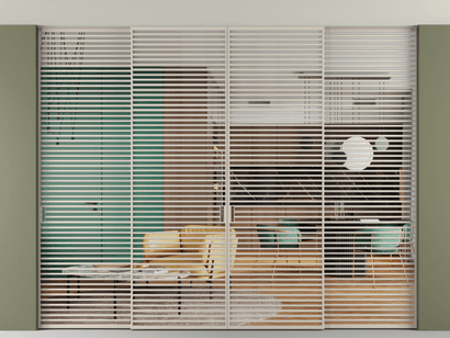 Алюминевая перегородка АЛПР 040.07_АСБЖ_Crystalvision_new. Цвет Алюминий светло-бежевый. Материал Алюминий в эмали. Коллекция Перегородка Formato внутри проёма четырёхстворчатая со скрытым креплением в потолок. Картинка.