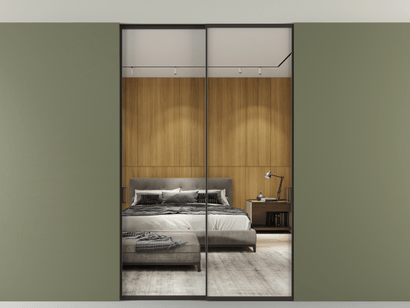 Алюминевая перегородка АЛПР 040.01_ААН_Зеркало триплекс_new. Цвет Алюминий антрацит. Материал Алюминий в эмали. Коллекция Перегородка Formato внутри проёма двустворчатая со скрытым креплением в потолок. Картинка.