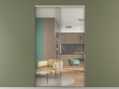 Алюминевая перегородка АЛПР 040.01_АБСК_Moru_new. Цвет Алюминий бисквитный. Материал Алюминий в эмали. Коллекция Перегородка Formato внутри проёма двустворчатая. Картинка.