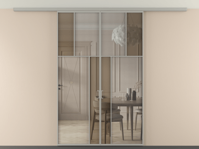 Алюминевая перегородка vdp2_2_АНСР_MS+Бронза триплекс_new. Цвет Алюминий нейтральный серый. Материал Алюминий в эмали. Коллекция Перегородка Mosaic вдоль стены на потолок двустворчатая. Картинка.