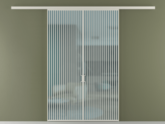 Алюминевая перегородка vd2_06_ Алюминий тёплый серый Сатинированное голубое стекло, триплекс, 6мм. Цвет Алюминий тёплый серый. Материал Алюминий в эмали. Коллекция Перегородка Formato вдоль стены 2 створки. Картинка.