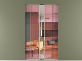 Алюминевая перегородка skr2_05_ Алюминий бежево-серый Прозрачное розовое стекло, триплекс, 6мм. Цвет Алюминий бежево-серый. Материал Алюминий в эмали. Коллекция Перегородка Formato скрытый пенал 2 створки. Картинка.