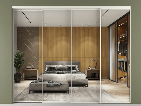 Алюминевая перегородка vn4_01 Зеркало триплекс БЕЛ. Цвет Алюминий Белый. Материал Алюминий. Коллекция Перегородка Formato внутри проёма 4 створки с синхронным механизмом. Картинка.