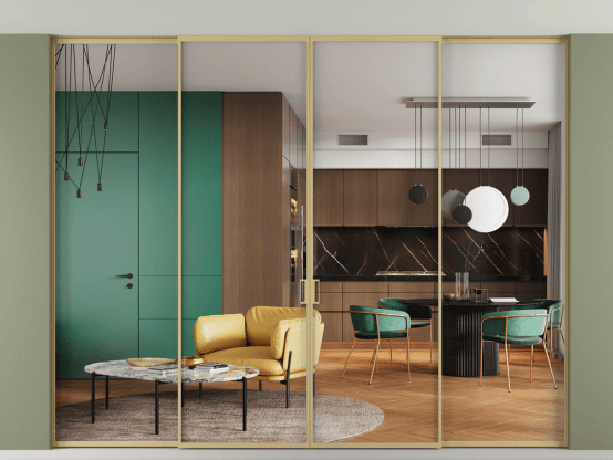 Алюминевая перегородка АЛПР 040.01 ЗОЛ Золотой Crystalvision. Цвет . Материал Алюминий металлик. Коллекция Перегородка Формато внутри проёма скрытое крепление в потолок 4 створки. Картинка.