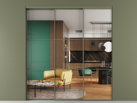 Алюминевая перегородка АЛПР 040.03_АОТ_Crystalvision_new. Цвет Алюминий оливковый тёмный. Материал Алюминий в эмали. Коллекция Перегородка Formato внутри проёма 3 створки с синхронным механизмом. Картинка.