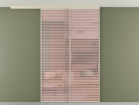 Алюминевая перегородка pv2_2_07_ Алюминий бежево-серый Сатинированное розовое стекло, триплекс, 6мм. Цвет Алюминий бежево-серый. Материал Алюминий в эмали. Коллекция Перегородка Formato вдоль стены на потолок 2 створки с синхронным механизмом. Картинка.