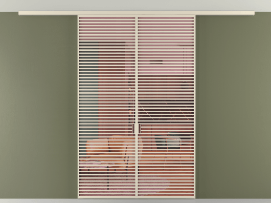 Алюминевая перегородка vd2_07 Алюминий бежево-серый Прозрачное розовое стекло, триплекс, 6мм. Цвет Алюминий бежево-серый. Материал Алюминий в эмали. Коллекция Перегородка Formato вдоль стены на потолок 2 створки. Картинка.