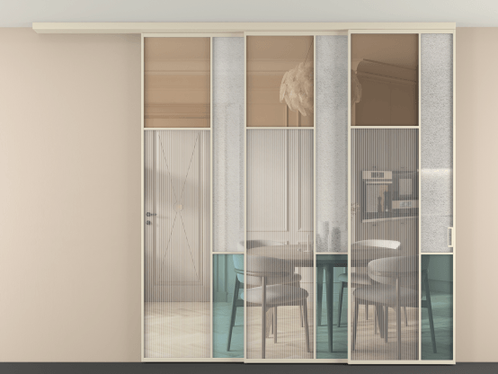 Алюминевая перегородка vdt3_7 Алюминий бежево-серый Четыре стекла. Цвет Алюминий бежево-серый. Материал Алюминий в эмали. Коллекция Перегородка Mosaic вдоль стены на потолок 3 створки с синхронным механизмом. Картинка.