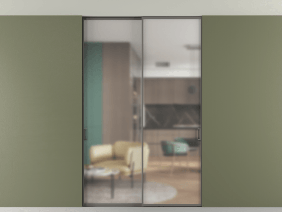 Алюминевая перегородка АЛПР 040.01_АКЛС_Matelux Crystalvision_new. Цвет Алюминий классический серый. Материал Алюминий в эмали. Коллекция Перегородка Формато внутри проёма скрытое крепление в потолок 2 створки. Картинка.