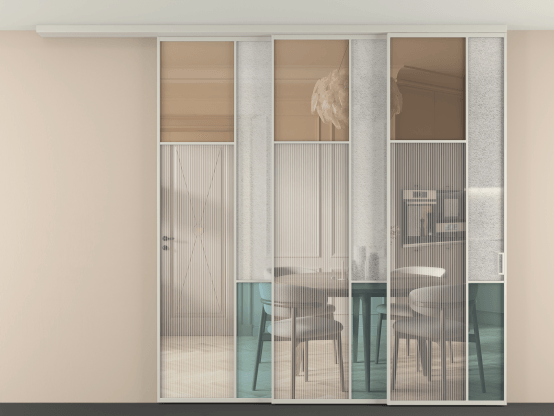 Алюминевая перегородка vdt3_7 Алюминий тёплый серый Четыре стекла. Цвет Алюминий тёплый серый. Материал Алюминий в эмали. Коллекция Перегородка Mosaic вдоль стены на потолок 3 створки с синхронным механизмом. Картинка.