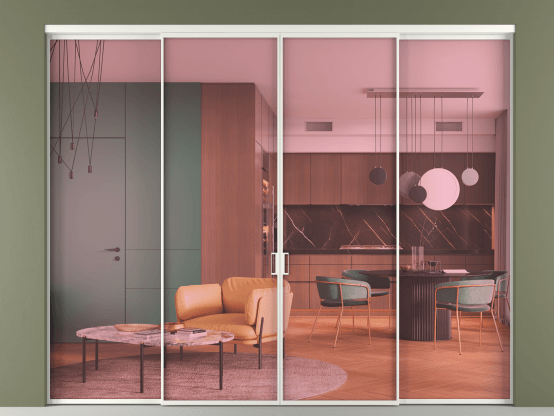 Алюминевая перегородка vn2+2_01_ Алюминий светло-серый Прозрачное розовое стекло, триплекс, 6мм. Цвет Алюминий светло-серый. Материал Алюминий в эмали. Коллекция Перегородка Formato внутри проёма 4 створки. Картинка.