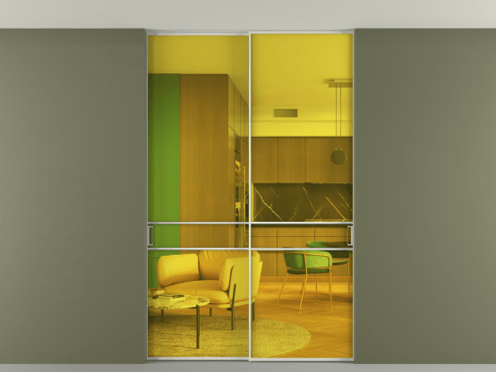 Алюминевая перегородка АЛПР 040.02_БЕЛ_ПРОЗ ЖЕЛ_new. Цвет Алюминий Белый. Материал Алюминий. Коллекция Перегородка Формато внутри проёма скрытое крепление в потолок 2 створки. Картинка.