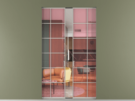 Алюминевая перегородка skr2_05_ Алюминий тёплый серый Прозрачное розовое стекло, триплекс, 6мм. Цвет Алюминий тёплый серый. Материал Алюминий в эмали. Коллекция Перегородка Formato скрытый пенал 2 створки. Картинка.