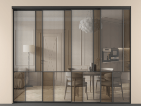 Алюминевая перегородка vntl4_1 ЧЕР. Цвет Алюминий Черный. Материал Алюминий. Коллекция Перегородка Mosaic внутри проёма 4 створки с синхронным механизмом. Картинка.