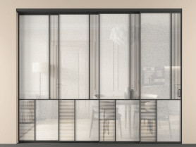 Алюминевая перегородка vntl4_1 ЧЕР. Цвет Алюминий Черный. Материал Алюминий. Коллекция Перегородка Mosaic внутри проёма 4 створки с синхронным механизмом. Картинка.