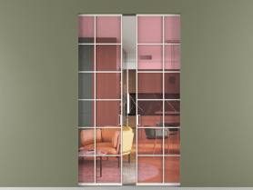 Алюминевая перегородка skr2_05_ Алюминий пудровый белый Прозрачное розовое стекло, триплекс, 6мм. Цвет Алюминий пудровый белый. Материал Алюминий в эмали. Коллекция Перегородка Formato скрытый пенал 2 створки. Картинка.