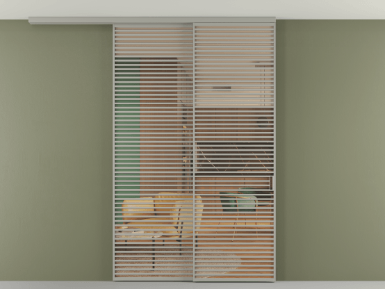 Алюминевая перегородка АЛПР 040.07_АНСР_ПРОЗ ОРАНЖ_new. Цвет Алюминий нейтральный серый. Материал Алюминий в эмали. Коллекция Перегородка Formato вдоль стены на потолок 2 створки с синхронным механизмом. Картинка.