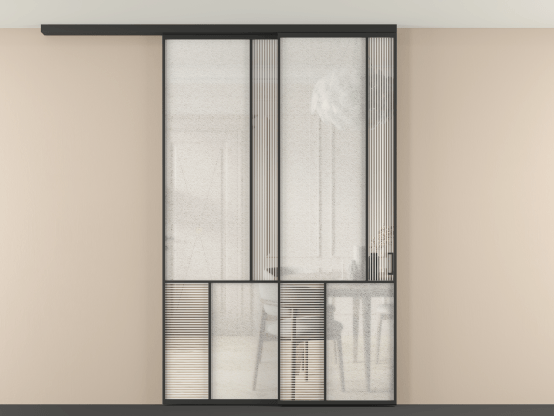 Алюминевая перегородка vdt2_1 ЧЕР. Цвет Алюминий Черный. Материал Алюминий. Коллекция Перегородка Mosaic вдоль стены на потолок 2 створки с синхронным механизмом. Картинка.