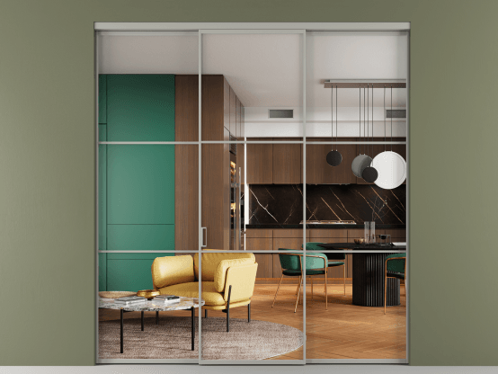 Алюминевая перегородка АЛПР 040.03_АНСР_Crystalvision_new. Цвет Алюминий нейтральный серый. Материал Алюминий в эмали. Коллекция Перегородка Formato внутри проёма 3 створки. Картинка.