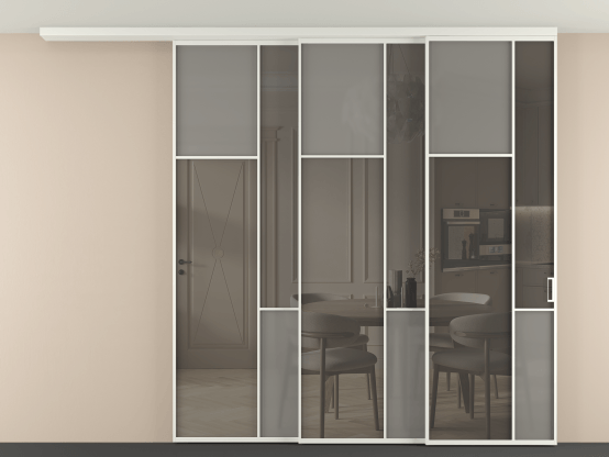 Алюминевая перегородка vdt3_7 Алюминий светло-серый Серый сатин матовое + Серый прозрачное. Цвет Алюминий светло-серый. Материал Алюминий в эмали. Коллекция Перегородка Mosaic вдоль стены на потолок 3 створки с синхронным механизмом. Картинка.