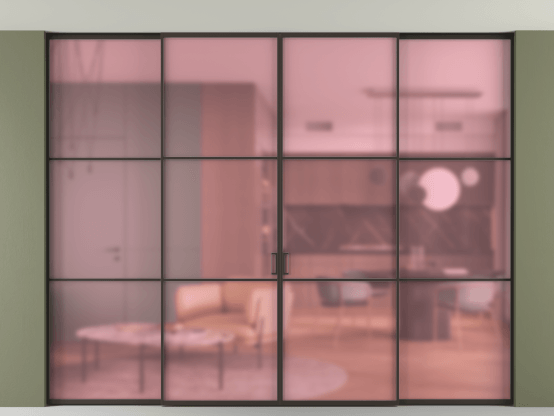 Алюминевая перегородка АЛПР 040.03_ААН_САТ РОЗ_new. Цвет Алюминий антрацит. Материал Алюминий в эмали. Коллекция Перегородка Формато внутри проёма скрытое крепление в потолок 4 створки. Картинка.