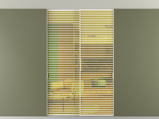 Алюминевая перегородка vn2_07 Алюминий пудровый белый Прозрачное жёлтое стекло, триплекс, 6мм. Цвет Алюминий пудровый белый. Материал Алюминий в эмали. Коллекция Перегородка Formato внутри проёма скрытое крепление в потолок 2 створки. Картинка.