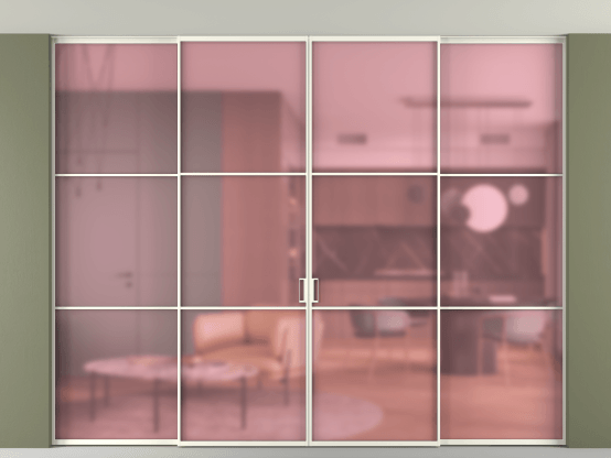 Алюминевая перегородка АЛПР 040.03_АЖМ_САТ РОЗ_new. Цвет Алюминий жемчужный. Материал Алюминий в эмали. Коллекция Перегородка Формато внутри проёма скрытое крепление в потолок 4 створки. Картинка.