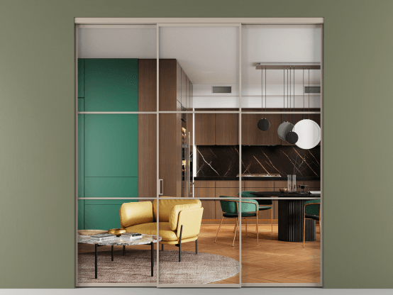 Алюминевая перегородка АЛПР 040.03_АБСК_Crystalvision_new. Цвет Алюминий бисквитный. Материал Алюминий в эмали. Коллекция Перегородка Formato внутри проёма 3 створки. Картинка.